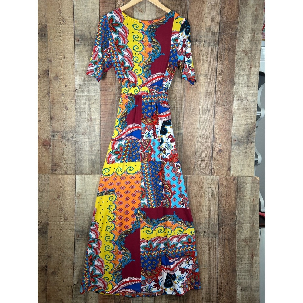 Boho Patchwork Maxi Dress Wrap Style Medium M Colorful Festival Flutter Sleeve - Picture 9 of 9